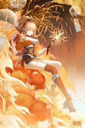 Rule 34 | 1girl, artist name, bandaged arm, bandaged leg, bandages, black gloves, blonde hair, breasts, butterfly choker, chest sarashi, choker, cleavage, closed mouth, commentary request, fingerless gloves, fireworks, full body, genshin impact, gloves, hadanugi dousa, hands up, highres, holding fireworks, japanese clothes, kimono, long hair, naixi cc, obi, open kimono, orange eyes, orange kimono, red choker, sarashi, sash, single fingerless glove, smile, solo, sparkler, vision (genshin impact), yoimiya (genshin impact)