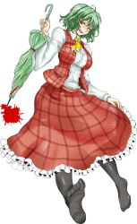 Rule 34 | 1girl, absurdres, aoi manabu, ascot, black pantyhose, blood, breasts, closed umbrella, feet, female focus, full body, green hair, highres, impossible clothes, kazami yuuka, large breasts, licking lips, one eye closed, pantyhose, plaid, plaid skirt, plaid vest, red eyes, red hair, shirt, short hair, skirt, skirt set, solo, taut clothes, taut shirt, tongue, tongue out, touhou, transparent background, umbrella, vest, wink