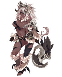 Rule 34 | 1girl, :p, animal ears, asymmetrical clothes, asymmetrical pasties, asymmetrical top, asymmetrical underboob, axe, barefoot, belt, black gloves, breasts, dark-skinned female, dark skin, eyepatch, full body, gloves, hair over one eye, high orc (monster girl encyclopedia), highres, kenkou cross, large breasts, long hair, looking at viewer, monster girl encyclopedia, navel, official art, pasties, revealing clothes, ribbon, ribbon bra, simple background, skull, solo, tail, thong, tongue, tongue out, underboob, very dark skin, weapon, white background, white hair, yellow eyes