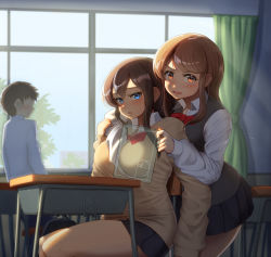 Rule 34 | 1boy, 2girls, backpack, bag, between breasts, blouse, blue eyes, blush, bow, bowtie, breasts, brown hair, brown sweater, chair, classroom, collared shirt, curtains, desk, golden spiral, grey sweater vest, hair between eyes, indoors, large breasts, long hair, long sleeves, looking at viewer, maku ro, multiple girls, original, paid reward available, red bow, school chair, school desk, school uniform, shirt, sitting, skirt, sweater, sweater vest, unworn backpack, unworn bag, white shirt, window