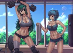 Rule 34 | 2girls, :o, abs, adapted costume, alternate hairstyle, armpits, arms up, asymmetrical legwear, barbell, bare arms, black gloves, blue eyes, blue hair, breasts, cleavage, cloud, cloudy sky, collarbone, contemporary, contrapposto, cowboy shot, crop top, cross-laced clothes, day, dumbbell, exercising, eye contact, fingerless gloves, frog hair ornament, giving, gloves, green eyes, green hair, gym, hair ornament, hairclip, hakurei reimu, half updo, hand on own hip, hater (hatater), heterochromia, holding, indoors, knee pads, kochiya sanae, large breasts, legs apart, long hair, looking at another, looking to the side, midriff, multiple girls, muscular, muscular female, navel, navel piercing, photo (object), piercing, punching bag, red eyes, short shorts, shorts, sky, smirk, sports bra, standing, sweat, tank top, tatara kogasa, thighhighs, toned, touhou, towel, tree, uneven legwear, very long hair, weightlifting, weights, when you see it, white legwear, wind chime, wooden floor