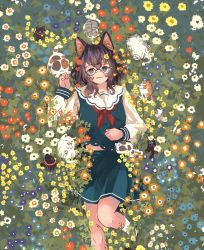 Rule 34 | 1girl, :3, animal ears, aqua serafuku, aqua skirt, black cat, black hair, blue eyes, blue flower, calico, cat, cat ears, closed mouth, commentary request, field, flower, flower field, foot out of frame, from above, grass, grey cat, hand on own stomach, highres, holding paw, loafers, long sleeves, looking at viewer, lying, medium hair, neckerchief, oimo imoo, on back, orange flower, original, outdoors, purple flower, red neckerchief, sailor collar, school uniform, semi-rimless eyewear, serafuku, shoes, skirt, smile, socks, solo, under-rim eyewear, undersized animal, wavy hair, white cat, white flower, white sailor collar, white sleeves, white socks, yellow flower