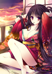 Rule 34 | 1girl, adjusting hair, ahoge, alcohol, barefoot, beer, black hair, breasts, cleavage, japanese clothes, kimono, large breasts, legs, long sleeves, mouth hold, open clothes, open kimono, orange eyes, original, purple eyes, sitting, solo, sorai shin&#039;ya, sunset, window