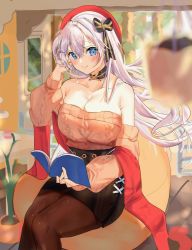 Rule 34 | 1girl, azur lane, bare shoulders, belfast (azur lane), belfast (shopping with the head maid) (azur lane), beret, black bow, black choker, black skirt, blue eyes, book, bow, breasts, brown pantyhose, brown sweater, choker, cleavage, commentary, feet out of frame, hair between eyes, hair bow, hand in own hair, hand up, hat, highres, holding, holding book, jinbei (user tpny4757), large breasts, long hair, long sleeves, looking at viewer, miniskirt, off-shoulder sweater, off shoulder, pantyhose, pencil skirt, red hat, shawl, silver hair, sitting, skirt, solo, sweater, thighs