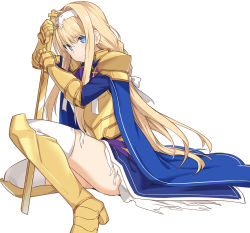 Rule 34 | 1girl, alice zuberg, armor, blonde hair, blue eyes, boots, braid, commentary request, dress, gold armor, hairband, high heel boots, high heels, holding, knee boots, long hair, looking at viewer, ribbon, shiseki hirame, simple background, smile, solo, sword, sword art online, sword art online: alicization, thighhighs, thighs, torn clothes, very long hair, weapon, white background, white hairband, white thighhighs