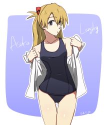 Rule 34 | 1girl, bare shoulders, blonde hair, blue background, blue eyes, blue one-piece swimsuit, breasts, character name, cowboy shot, dated, eyebrows, hair between eyes, hair ornament, head tilt, highres, hip focus, konbari tariumu, legs together, long hair, looking at viewer, neon genesis evangelion, off shoulder, old school swimsuit, one-piece swimsuit, open clothes, orange hair, outline, outside border, parted lips, removing jacket, school swimsuit, small breasts, smile, solo, souryuu asuka langley, standing, swimsuit, swimsuit under clothes, thigh gap, two side up, undressing