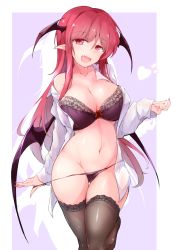 Rule 34 | 1girl, black bra, black panties, black thighhighs, black wings, blouse, bow, bow bra, bra, collared shirt, commentary request, fang, fingernails, fumitsuki (minaduki 6), head wings, heart, highres, koakuma, lace, lace-trimmed legwear, lace trim, long fingernails, long hair, long sleeves, looking at viewer, naughty face, navel, open clothes, open mouth, open shirt, panties, panty pull, pointy ears, pulled by self, purple background, red eyes, red hair, shirt, single bare shoulder, solo, stomach, string panties, thigh gap, thighhighs, touhou, underwear, undressing, white shirt, wing collar, wings