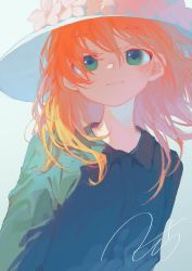 Rule 34 | 1girl, black shirt, closed mouth, collared shirt, commentary request, flower, green eyes, hat, hat flower, highres, long hair, orange hair, original, potg (piotegu), shirt, signature, smile, solo, upper body, white flower, white hat