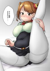 Rule 34 | ..., 1girl, belt, black skirt, blush, breasts, brown eyes, brown hair, closed mouth, commentary request, covered navel, crotch seam, feet out of frame, grey background, gundam, gundam build fighters, gundam build fighters try, hair ornament, high-waist skirt, highres, large breasts, leg up, long hair, long sleeves, looking at viewer, miniskirt, muffin top, pantyhose, pleated skirt, plump, sazaki kaoruko, shadow, shigekikkusu, simple background, sitting, skirt, solo, speech bubble, spoken ellipsis, spread legs, talking, thick thighs, thighs, translation request, twintails, white pantyhose, wing collar