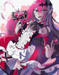 1girl baobhan_sith_(fate) baobhan_sith_(first_ascension)_(fate) blush boots detached_sleeves dress fangs fate/grand_order fate_(series) frilled_dress frills grey_eyes hair_ornament hammer hand_up highres holding holding_hammer long_hair looking_at_viewer open_mouth pink_hair pointy_ears red_dress sidelocks smile solo stake thigh_boots trashochist