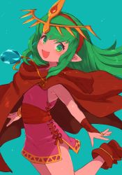 Rule 34 | 1girl, :d, absurdres, blue background, blush, cape, dress, female focus, fire emblem, fire emblem: mystery of the emblem, fire emblem heroes, green eyes, green hair, hairband, highres, jewelry, long hair, looking at viewer, matching hair/eyes, necklace, nikukaiq, nintendo, open mouth, pink dress, pointy ears, red cape, red hairband, short dress, simple background, smile, solo, tiki (fire emblem)