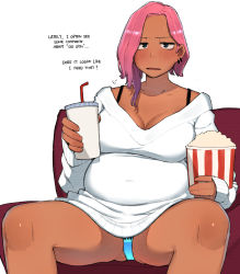 Rule 34 | 1girl, belly, blue eyes, blush, breasts, cleavage, couch, cup, dark-skinned female, dark skin, disposable cup, drinking straw, earrings, english text, food, jewelry, large breasts, looking at viewer, ohasi, open mouth, original, panties, panty peek, pink (ohasi), pink hair, plump, popcorn, short hair, simple background, sitting, solo, spread legs, sweat, sweater, underwear
