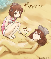 Rule 34 | 10s, 2girls, beach, branch, breasts, brown eyes, brown hair, buried, expressionless, flat chest, headgear, highres, kantai collection, max melon, multiple girls, one-piece swimsuit, poking, polka dot, polka dot swimsuit, ryuujou (kancolle), squatting, swimsuit, twintails, twitter username, visor cap, yukikaze (kancolle)
