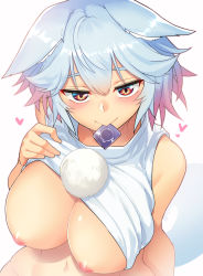 Rule 34 | 1girl, :&gt;, animal ear fluff, animal ears, bare shoulders, blush, breasts, clothes lift, commentary request, condom, condom in mouth, condom wrapper, gradient hair, hair between eyes, heart, highres, inubashiri momiji, large breasts, lifting own clothes, looking at viewer, mouth hold, multicolored hair, navel, nipples, pink hair, red eyes, seductive smile, shirt, shirt lift, short hair, silver hair, simple background, sleeveless, sleeveless shirt, smile, solo, stomach, tail, taketora suzume, touhou, upper body, white background, wolf ears, wolf tail