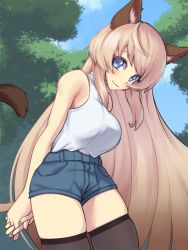 Rule 34 | 1girl, :3, ahoge, animal ears, arms behind back, bare shoulders, black thighhighs, blonde hair, blouse, blue eyes, blurry, blurry background, blush, breasts, cat ears, cat girl, cat tail, closed mouth, contrapposto, cowboy shot, day, denim, denim shorts, from side, highres, interlocked fingers, large breasts, leaning forward, long hair, looking at viewer, machiko (nekodeito), off-shoulder shirt, off shoulder, original, outdoors, own hands together, shirt, shirt tucked in, short shorts, shorts, sideboob, sidelocks, sideways glance, silentine, skindentation, sky, sleeveless, sleeveless shirt, smile, solo, tail, tented shirt, thick thighs, thighhighs, thighs, tree, turtleneck, very long hair, white shirt