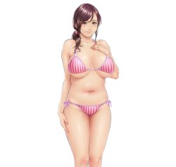 Rule 34 | 1girl, bare arms, bare legs, bare shoulders, bikini, blush, breasts, brown hair, game cg, groin, huge breasts, legs, long hair, looking at viewer, mole, momose rieko, navel, oba netori: otto no shiranai midarana kankei, orange eyes, ponytail, simple background, smile, solo, standing, swimsuit, thighs, thong, white background