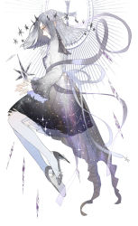 Rule 34 | 1girl, bad id, bad pixiv id, beads, dress, fantasy, full body, gradient dress, hair beads, hair ornament, high heels, long hair, long sleeves, looking to the side, original, pantyhose, profile, silver hair, silver ribbon, silver shoes, solo, star (symbol), starry sky print, vertigowitch, white pantyhose