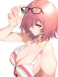 Rule 34 | 1girl, adjusting eyewear, bikini, black-framed eyewear, breasts, cleavage, fate/grand order, fate (series), front-tie top, hair over one eye, halterneck, highres, large breasts, looking at viewer, mash kyrielight, mash kyrielight (swimsuit of perpetual summer ver.02), mikan (chipstar182), purple eyes, purple hair, short hair, solo, striped bikini, striped clothes, swimsuit, upper body, white background