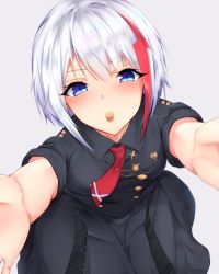 Rule 34 | 1girl, admiral graf spee (azur lane), admiral graf spee (girl&#039;s sunday) (azur lane), azur lane, black dress, blue eyes, blush, breasts, bugles (food), dress, embarrassed, food, highres, incoming food, looking at viewer, multicolored hair, necktie, ranju aira, reaching, reaching towards viewer, red hair, red necktie, religious offering, shared food, short hair, short sleeves, sidelocks, silver hair, simple background, small breasts, solo, streaked hair, sweatdrop