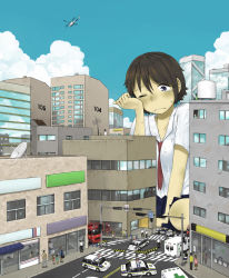 Rule 34 | aircraft, anyan (jooho), brown hair, building, bystanders, car, city, cloud, crying, day, giant, giantess, helicopter, highres, motor vehicle, on ground, outdoors, police, police car, police uniform, policeman, road, school uniform, short hair, sitting, size difference, sky, street, traffic light, uniform, wariza