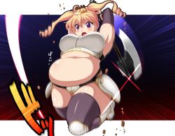 Rule 34 | 1girl, armor, axe, blonde hair, breastplate, breasts, elbow gloves, fat, gloves, highres, kanisaka, large breasts, motion blur, obese, open mouth, outside border, panties, purple eyes, solo, thick thighs, thighhighs, thighs, thong, twintails, underwear, weapon