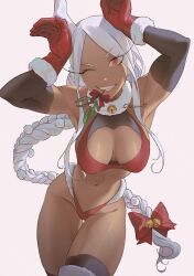 Rule 34 | 1girl, ;d, alternate costume, alternate hairstyle, animal ears, armpits, arms up, artist name, bare shoulders, bell, black sleeves, boku no hero academia, bow, bra, braid, braided ponytail, breasts, chocorut, christmas, dark-skinned female, dark skin, female focus, fur-trimmed gloves, fur-trimmed panties, fur-trimmed thighhighs, fur collar, fur trim, gloves, grin, hair bell, hair bow, hair ornament, highleg, highleg panties, highres, jingle bell, large breasts, long eyelashes, long hair, looking at viewer, mirko, mistletoe, mouth hold, navel, neck bell, one eye closed, open mouth, panties, parted bangs, pom pom (clothes), pom pom hair ornament, rabbit ears, rabbit girl, rabbit pose, red bow, red bra, red eyes, red gloves, red panties, smile, solo, stomach, teeth, thigh gap, thighhighs, thighs, toned, underwear, very long hair, white background, white hair, wink