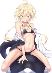 Rule 34 | 1girl, absurdres, ahoge, arm support, bad id, bad pixiv id, bikini, black bikini, blonde hair, blush, breasts, green eyes, halterneck, highres, hood, hooded track jacket, jacket, kuroisiro, licking lips, long hair, looking at viewer, naughty face, navel, no pants, off shoulder, open clothes, open jacket, orca, original, simple background, sitting, small breasts, smile, solo, spread legs, straddling, swimsuit, tongue, tongue out, track jacket, underboob