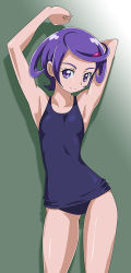 Rule 34 | 1girl, bad id, bad pixiv id, curly hair, dokidoki! precure, eyelashes, gradient background, green background, hair ornament, hairclip, kenzaki makoto, looking at viewer, lying, one-piece swimsuit, precure, purple eyes, purple hair, rohitsuka, school swimsuit, short hair, smile, solo, swimsuit