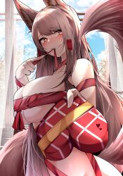 Rule 34 | 1girl, absurdres, akagi (azur lane), animal ears, azur lane, blue sky, blush, breasts, brown hair, cleavage, cloud, dark skin, gift, grin, hair tubes, heart, heart-shaped pupils, highres, holding, holding gift, large breasts, long hair, looking at viewer, mouth hold, naked ribbon, red eyes, red ribbon, ribbon, ribbon in mouth, samip, seductive smile, sky, smile, solo, symbol-shaped pupils, tail, tree, valentine, very long hair, window, yandere