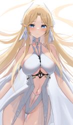 Rule 34 | absurdres, azur lane, bare shoulders, blonde hair, blue eyes, breasts, brest (azur lane), clothing cutout, detached sleeves, dress, headdress, highres, looking at viewer, medium breasts, navel, navel cutout, pointy ears, revealing clothes, rk (cc15915r), see-through, see-through skirt, skin tight, skirt, thick thighs, thigh gap, thighs, underboob, white dress