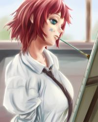 Rule 34 | 10s, 1girl, armless amputee, bad id, bad twitter id, breasts, canvas (object), daiwa (daicon), double amputee, easel, green eyes, highres, katawa shoujo, mouth hold, necktie, paint splatter, paint splatter on face, paintbrush, painting (action), red hair, short hair, sleeeepers high, solo, tezuka rin