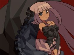Rule 34 | 1girl, between breasts, black dress, blue eyes, blunt bangs, breasts, detached sleeves, dress, gwendolyn (odin sphere), hand on own chest, itsumo nokoru, large breasts, long hair, long sleeves, looking at viewer, odin sphere, red background, silver hair, simple background, skin tight, solo, strapless, strapless dress, very long hair