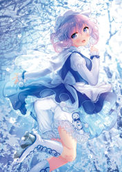 Rule 34 | 1girl, :d, amo (shibu3), apron, ass, back bow, backlighting, bare tree, bloomers, blue bow, blue eyes, blue skirt, blue vest, blush, boots, bow, bright pupils, cameltoe, cape, commentary request, curly hair, day, feet out of frame, from behind, hair between eyes, hat, head tilt, highres, juliet sleeves, knee boots, lace, lace-trimmed apron, lace trim, leg up, letty whiterock, long sleeves, looking at viewer, looking back, medium hair, open mouth, outdoors, petticoat, pom pom (clothes), puffy sleeves, purple hair, see-through, shirt, shoe soles, skirt, skirt set, smile, snow, snowman print, solo, sparkle, touhou, tree, underwear, vest, waist apron, white bloomers, white footwear, white hat, white shirt, winter