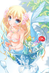 Rule 34 | 1girl, :d, bad id, bad pixiv id, bandeau, blonde hair, blue eyes, blush, breasts, cherry, cleavage, fingernails, flower, food, fruit, glass, hair flower, hair ornament, holding, ice, ice cube, long hair, looking at viewer, medium breasts, mermaid, monster girl, open mouth, original, rubber duck, shiny skin, smile, sodapop (iemaki), solo, spoon