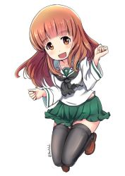 Rule 34 | 1girl, black neckerchief, black thighhighs, blouse, blunt bangs, brown footwear, buchikaki, clenched hands, commentary, floating, full body, girls und panzer, green skirt, legs up, loafers, long hair, long sleeves, looking at viewer, midriff peek, miniskirt, neckerchief, ooarai school uniform, open mouth, orange eyes, orange hair, pleated skirt, school uniform, serafuku, shirt, shoes, simple background, skindentation, skirt, smile, solo, takebe saori, thighhighs, twitter username, w arms, white background, white shirt