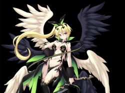 Rule 34 | 1girl, black wings, blonde hair, breasts, demon girl, eushully, feet out of frame, female focus, hair between eyes, hair ribbon, highres, holding, holding weapon, large breasts, long hair, multiple wings, navel, pointy ears, purple eyes, ribbon, stomach, tenmei no conquista, weapon, white wings, wings, yano mitsuki (nanairo)