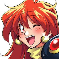 Rule 34 | 1girl, ;d, armor, blush, earrings, headband, jewelry, lina inverse, long hair, looking at viewer, one eye closed, open mouth, pauldrons, portrait, red eyes, red hair, shoulder armor, slayers, smile, solo, white background, yasu (pixiv)