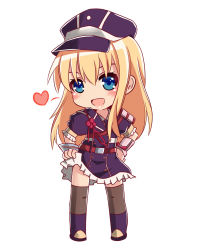 Rule 34 | 10s, 1boy, armor, black thighhighs, blonde hair, blue eyes, chibi, clothes lift, crossdressing, dress, hat, heart, highres, japanese armor, male focus, midare toushirou, open mouth, shoulder armor, simple background, skirt, skirt hold, skirt lift, smile, sode, solo, thighhighs, touken ranbu, trap, yuriesu