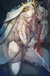 Rule 34 | 1girl, absurdres, blood, cape, character request, evil smile, female focus, highres, larribee, looking at viewer, open mouth, pale skin, pants, reflection, shirt, smile, solo, standing, white cape, white pants, white shirt