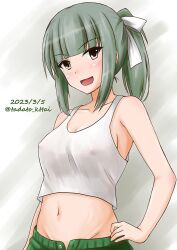 Rule 34 | 1girl, alternate costume, blunt bangs, bow, brown eyes, commentary request, covered erect nipples, crop top, green pants, grey hair, hair bow, hand on own hip, kamiya tadato, kantai collection, long hair, midriff, navel, one-hour drawing challenge, pants, ponytail, short hair, skirt, smile, solo, tank top, upper body, white tank top, yuubari (kancolle)