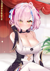 Rule 34 | 1girl, absurdres, ahoge, azur lane, bare shoulders, black choker, black gloves, blue hair, blurry, blurry background, blush, braid, breasts, choker, cleavage, clothing cutout, collarbone, cross, cross necklace, detached sleeves, dress, eyes visible through hair, fingerless gloves, fleur-de-lis, french flag, french flag ribbon, frilled dress, frills, gloves, gold trim, hair ribbon, hand up, hecha (01964237), highres, jewelry, large breasts, looking at viewer, multicolored hair, necklace, pink hair, red curtains, ribbon, short hair, sitting, solo, streaked hair, tartu (azur lane), two-tone hair, upturned eyes, white dress, yellow eyes