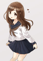 Rule 34 | 1girl, :d, black sailor collar, blue skirt, blush, brown eyes, brown hair, brown neckerchief, collarbone, eyebrows hidden by hair, grey background, long hair, long sleeves, looking at viewer, nasuna, neckerchief, open mouth, original, pleated skirt, sailor collar, shirt, simple background, skirt, skirt hold, sleeves past wrists, smile, solo, white shirt
