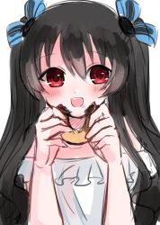 Rule 34 | absurdres, black hair, breasts, doughnut, dress, food, hair ornament, hairclip, happy, highres, long hair, neptune (series), open mouth, rairai vortext, red eyes, shirt, small breasts, tsundere, twintails, two side up, uni (neptunia)