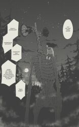 Rule 34 | 1girl, english text, forest, greyscale, highres, lily (tyrone), monochrome, monster, nature, night, original, outdoors, siren head, sitting on shoulder, size difference, sky, speech bubble, stalker (game), star (sky), starry sky, tree, tyrone