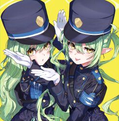 Rule 34 | 2girls, black hat, black jacket, blue archive, blush, closed mouth, gloves, green hair, green halo, hair between eyes, halo, hanozuku, hat, hikari (blue archive), nozomi (blue archive), highres, jacket, long hair, long sleeves, looking at viewer, multiple girls, parted lips, peaked cap, pointy ears, sidelocks, simple background, smile, tongue, tongue out, twintails, white gloves, yellow background, yellow eyes