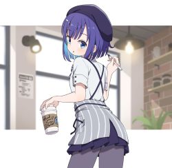 Rule 34 | 1girl, apron, beret, black bow, blue eyes, blue hair, blurry, blurry background, bow, brick wall, ceiling light, coffee cup, cup, disposable cup, dress shirt, english text, frilled skirt, frills, from behind, fuiba fuyu, gochuumon wa usagi desu ka?, grey apron, hair ornament, hairclip, hat, highres, holding, holding cup, holding marker, looking at viewer, looking back, marker, medium hair, mohei, nyan cat, open mouth, pantyhose, plant, pleated skirt, shelf, shirt, short sleeves, sidelocks, sign, skirt, suspender skirt, suspenders, uniform, white shirt, window