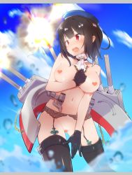 Rule 34 | 1girl, airplane ornament, bad id, bad twitter id, black hair, black thighhighs, blue hat, blush, breasts, brooch, caburi, censored, censored nipples, cowboy shot, day, garter belt, hat, heart, heart-shaped pupils, highres, jewelry, kantai collection, large breasts, medium breasts, nude, open mouth, outdoors, personification, red eyes, solo, standing, symbol-shaped pupils, takao (kancolle), thighhighs