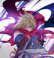 Rule 34 | 1boy, bandages, blonde hair, blue eyes, cape, cloud strife, demon wings, final fantasy, final fantasy vii, gloves, holding, holding sword, holding weapon, huge weapon, kingdom hearts, kudou asami, outstretched arms, red cape, single wing, solo, spiked hair, sword, upper body, weapon, wings