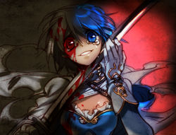Rule 34 | 10s, 1girl, bad id, bad pixiv id, blood, blue eyes, blue hair, cape, empew, gloves, grin, heterochromia, magical girl, mahou shoujo madoka magica, matching hair/eyes, miki sayaka, red eyes, short hair, smile, solo, suicide, sword, tears, upper body, weapon, white gloves