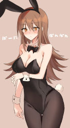 Rule 34 | 1girl, animal ears, arm under breasts, bare shoulders, black bow, black hairband, black leotard, black pantyhose, blush, bow, breasts, brown background, brown hair, cleavage, collar, collarbone, detached collar, fake animal ears, groin, hair between eyes, hairband, highres, kinona, leotard, looking at viewer, medium breasts, nose blush, orange eyes, original, pantyhose, playboy bunny, rabbit ears, rabbit tail, simple background, solo, strapless, strapless leotard, tail, thigh gap, translated, white collar, wing collar, wrist cuffs